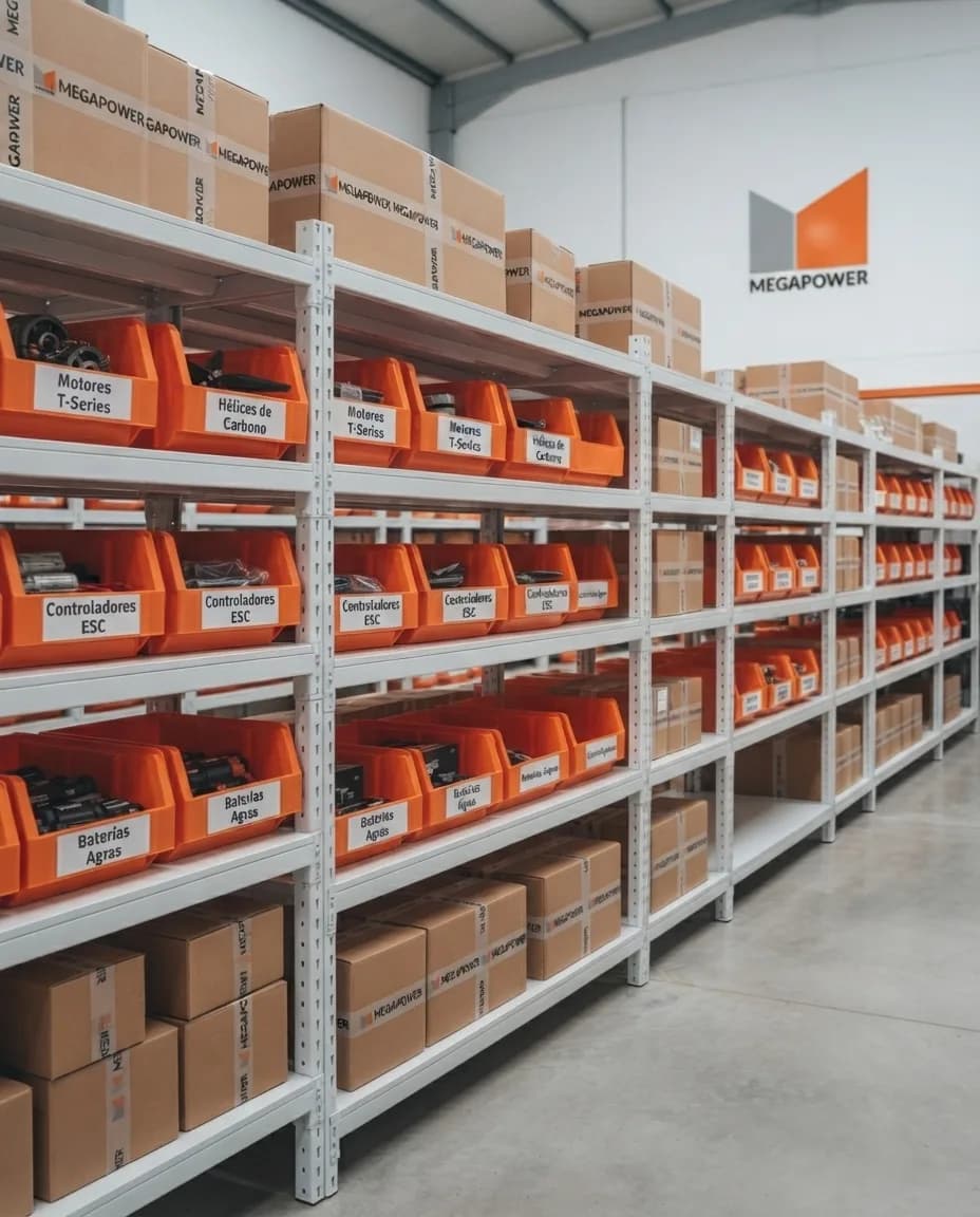 Estantería del almacén Megapower con bins naranjas de motores, hélices y controladores