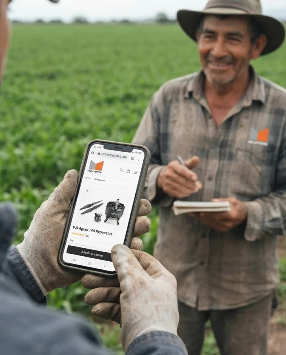 Agricultor comprando repuestos DJI Agras desde el celular en megapowersas.com