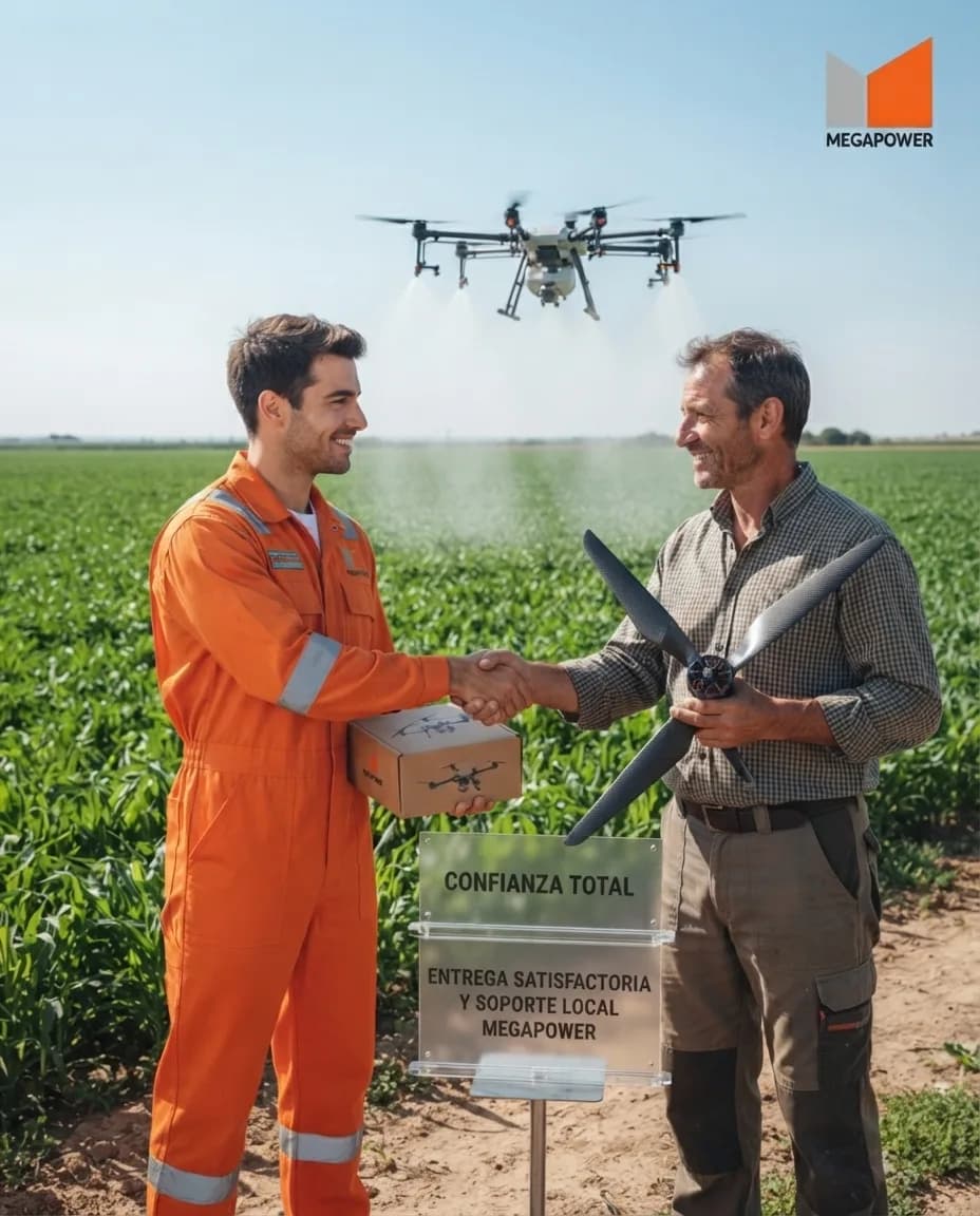 Técnico Megapower entregando repuestos a agricultor en campo con dron Agras fumigando
