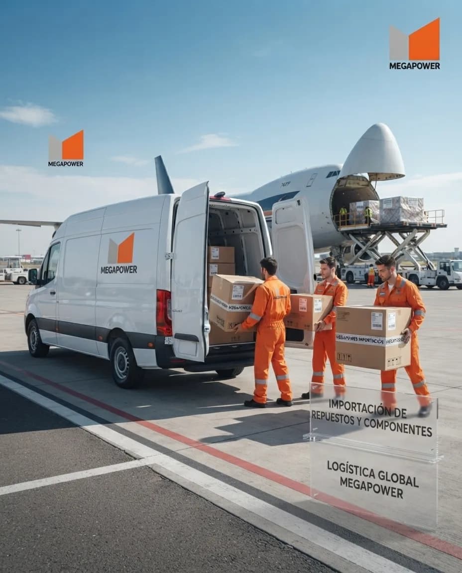 Logística de importación Megapower: furgoneta de reparto y avión de carga