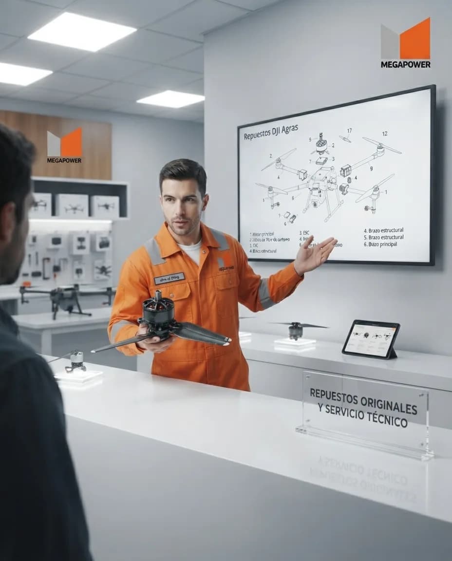 Técnico Megapower mostrando despiece de dron Agras a un cliente en mostrador