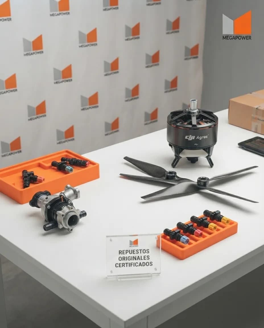 Repuestos originales DJI Agras organizados en mesa de trabajo