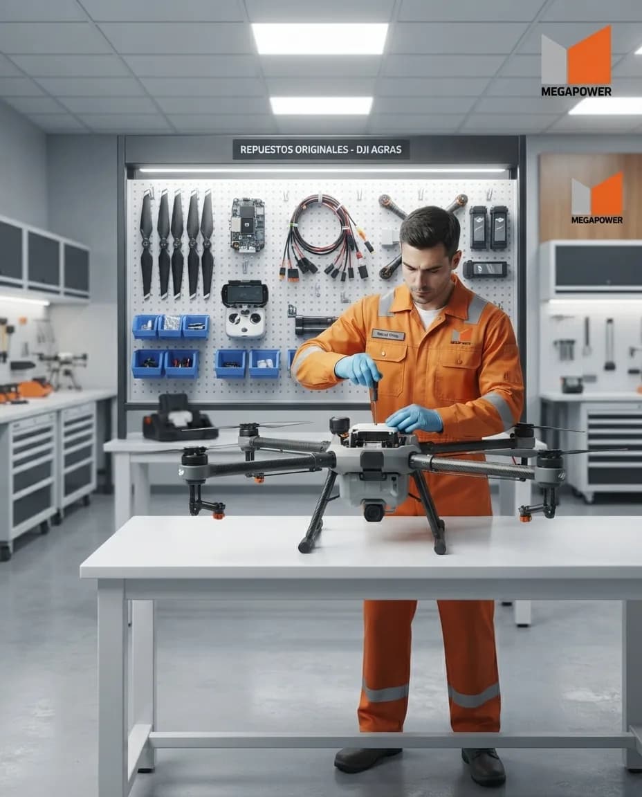 Técnico uniformado Megapower reparando un dron DJI Agras en taller limpio